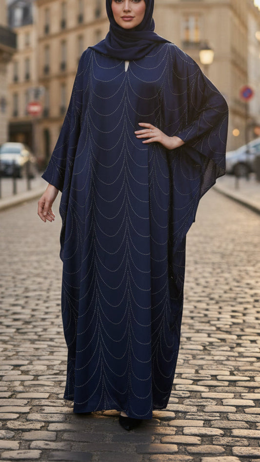 Navy Embellished Wave Abaya Dress