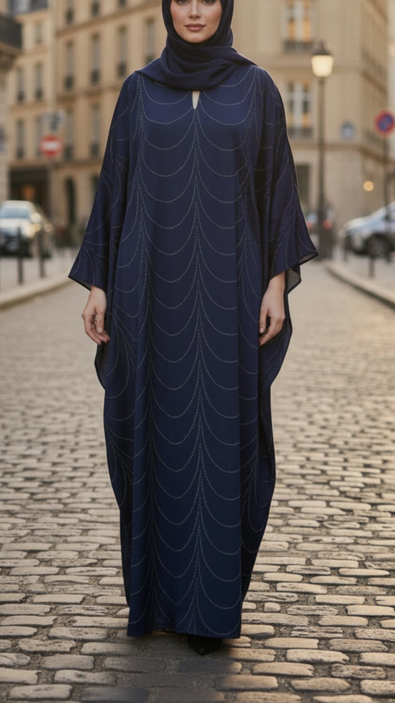 Navy Embellished Wave Abaya Dress