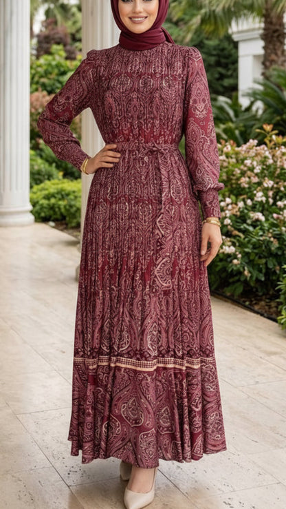 Satin Damask Pleated Burgundy Dress