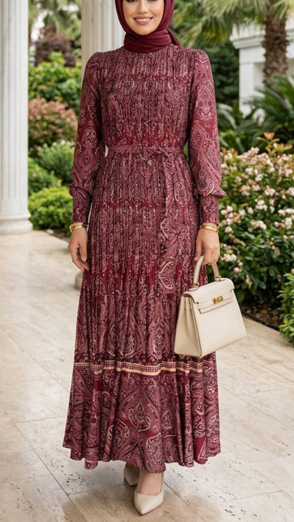 Satin Damask Pleated Burgundy Dress