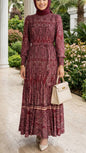 Satin Damask Pleated Burgundy Dress