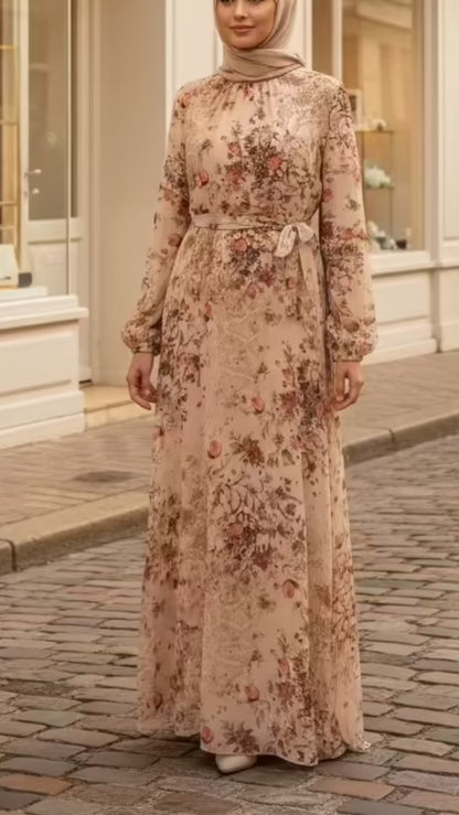 Summer Beige Rose Chiffon Dress