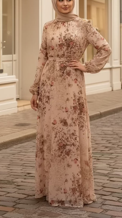 Summer Beige Rose Chiffon Dress
