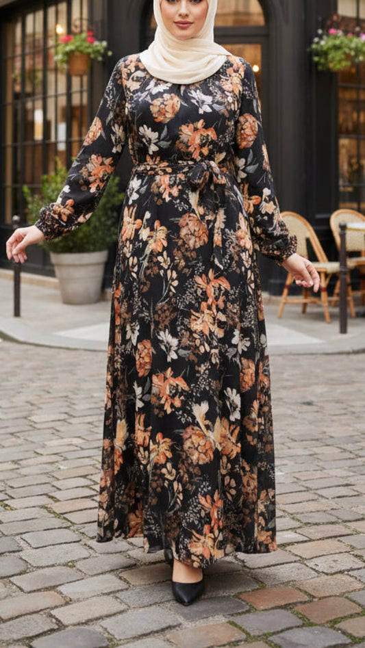 Black Floral Chiffon Dress