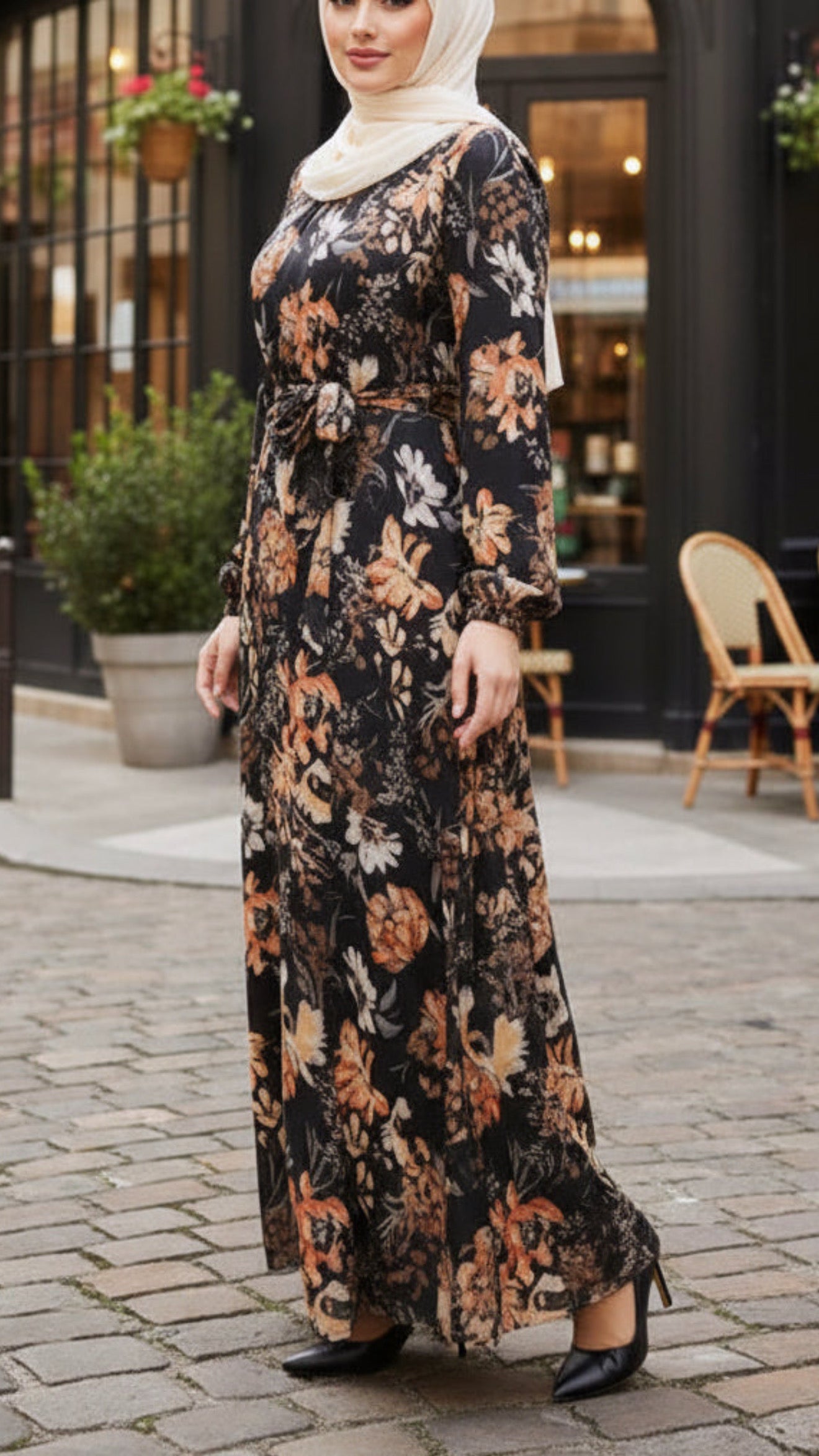 Black Floral Chiffon Dress