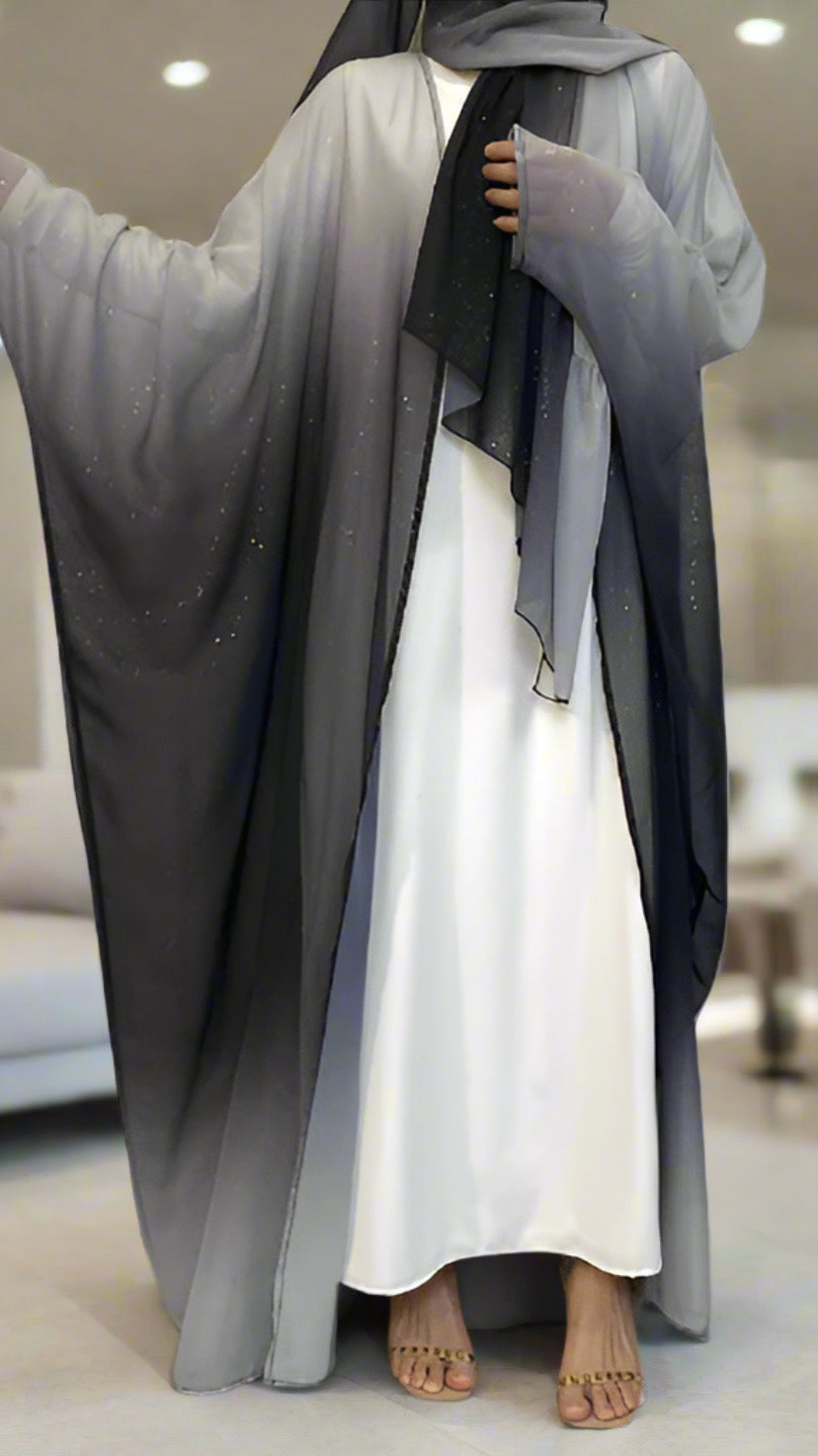 Dubai Style Gradient Black & White Shimmer Open Abaya w/ Hijab
