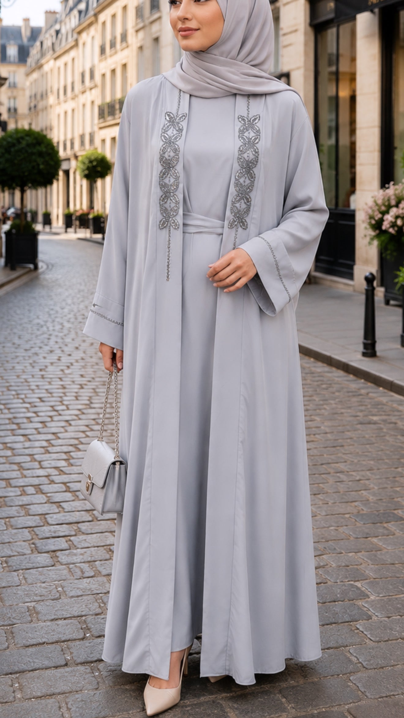 Beaded Embellished 2 Piece Turkish Blue Slate Abaya