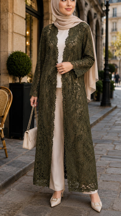 Olive Lace Open Abaya