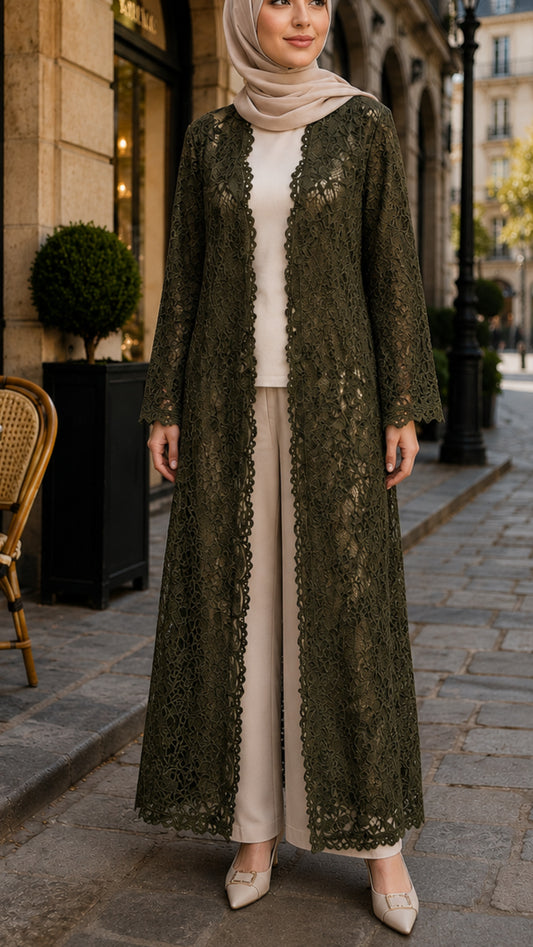 Olive Lace Open Abaya
