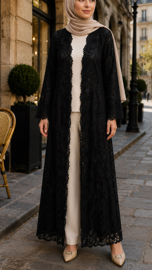 Black Lace Lined Open Abaya