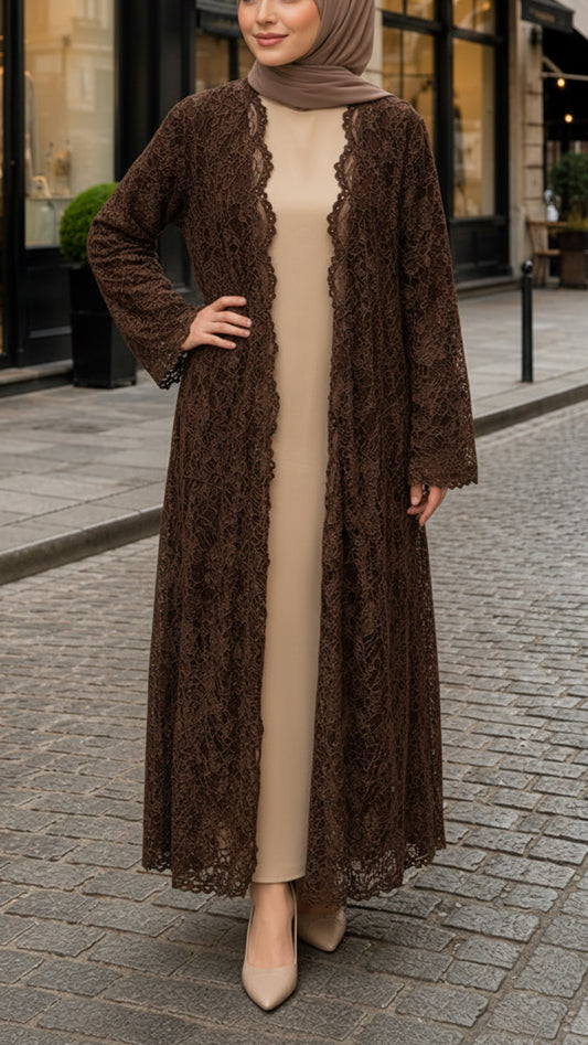 Brown Lace Lined Open Abaya