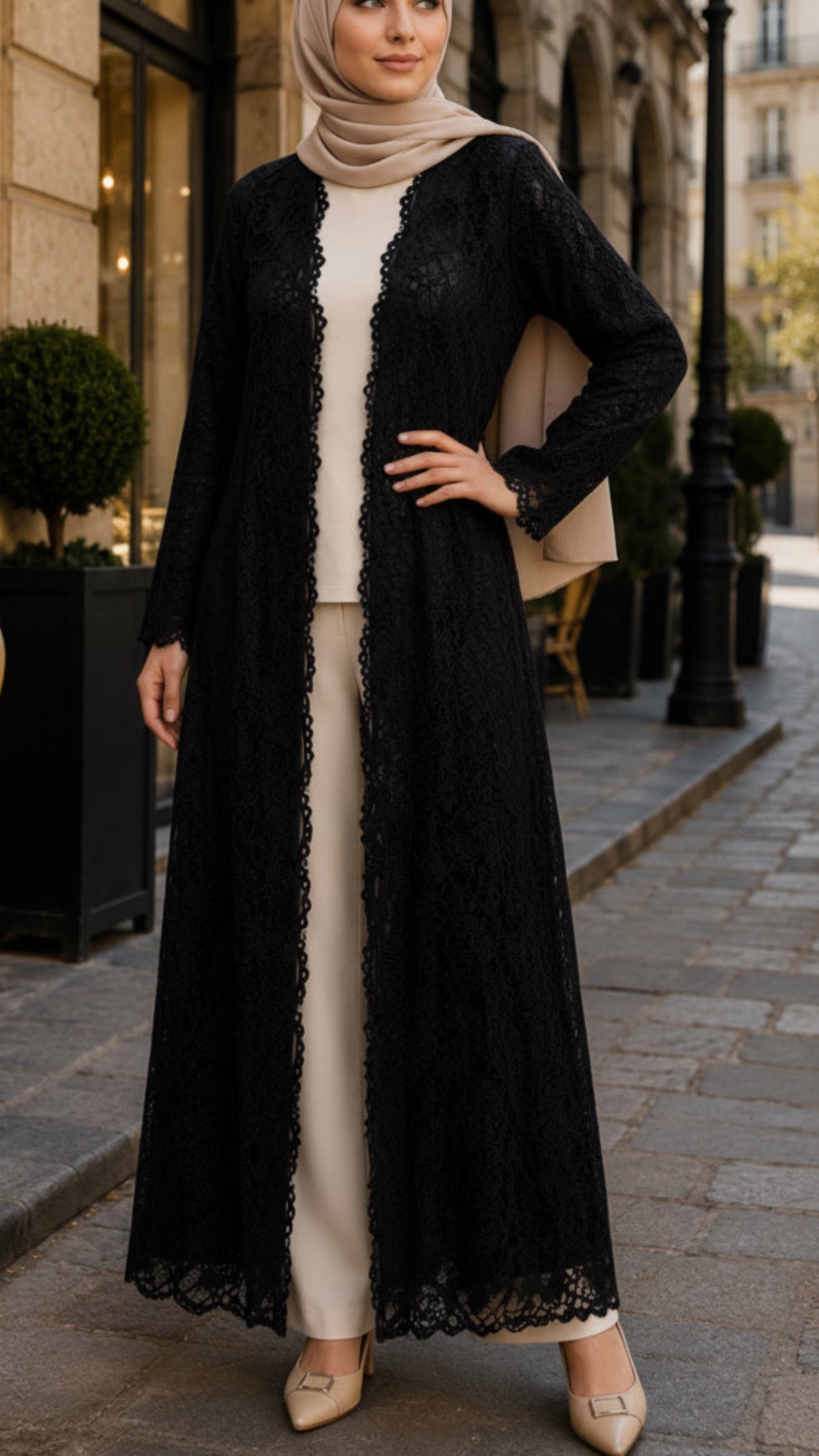 Black Lace Lined Open Abaya