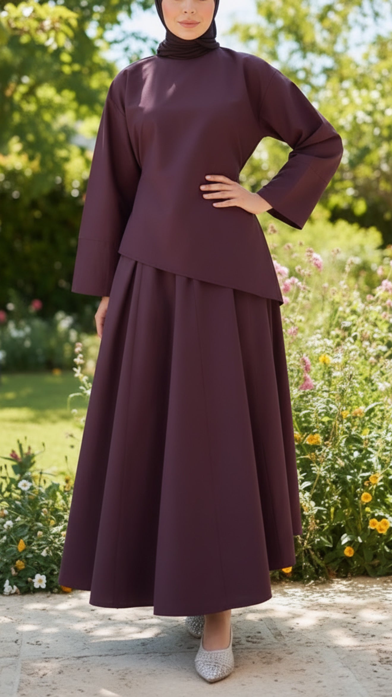 Asymmetrical Wide Sleeved Plum Skirt Set