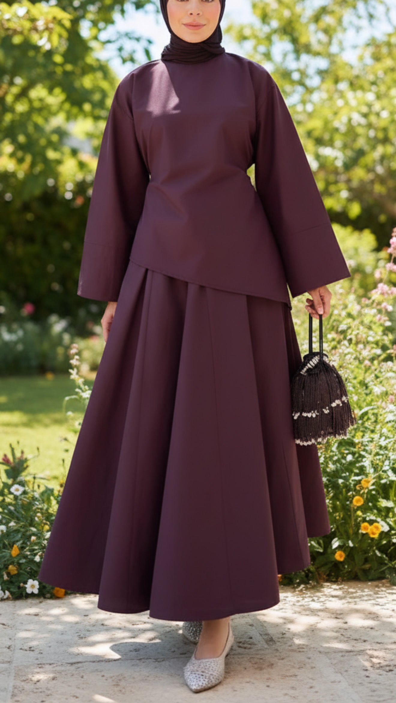 Asymmetrical Wide Sleeved Plum Skirt Set