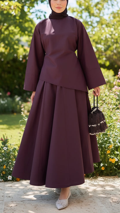 Asymmetrical Wide Sleeved Plum Skirt Set