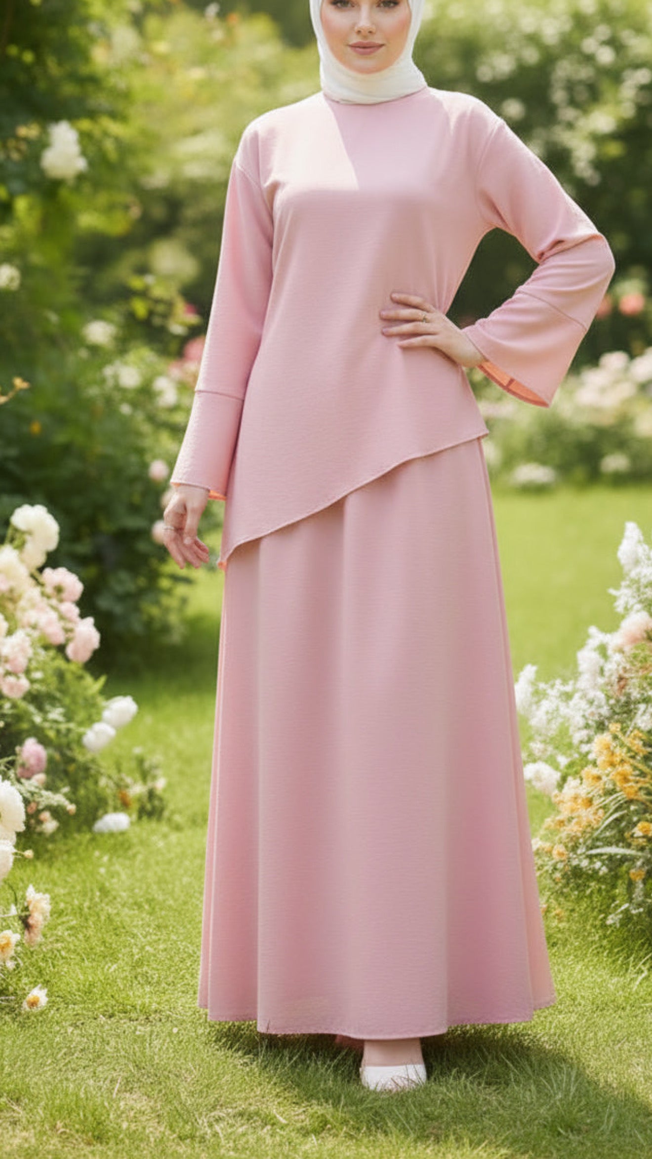 Asymmetrical Wide Sleeved Pink Skirt Set