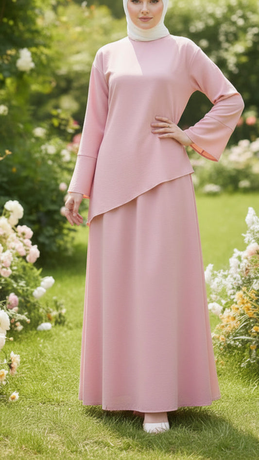 Asymmetrical Wide Sleeved Pink Skirt Set