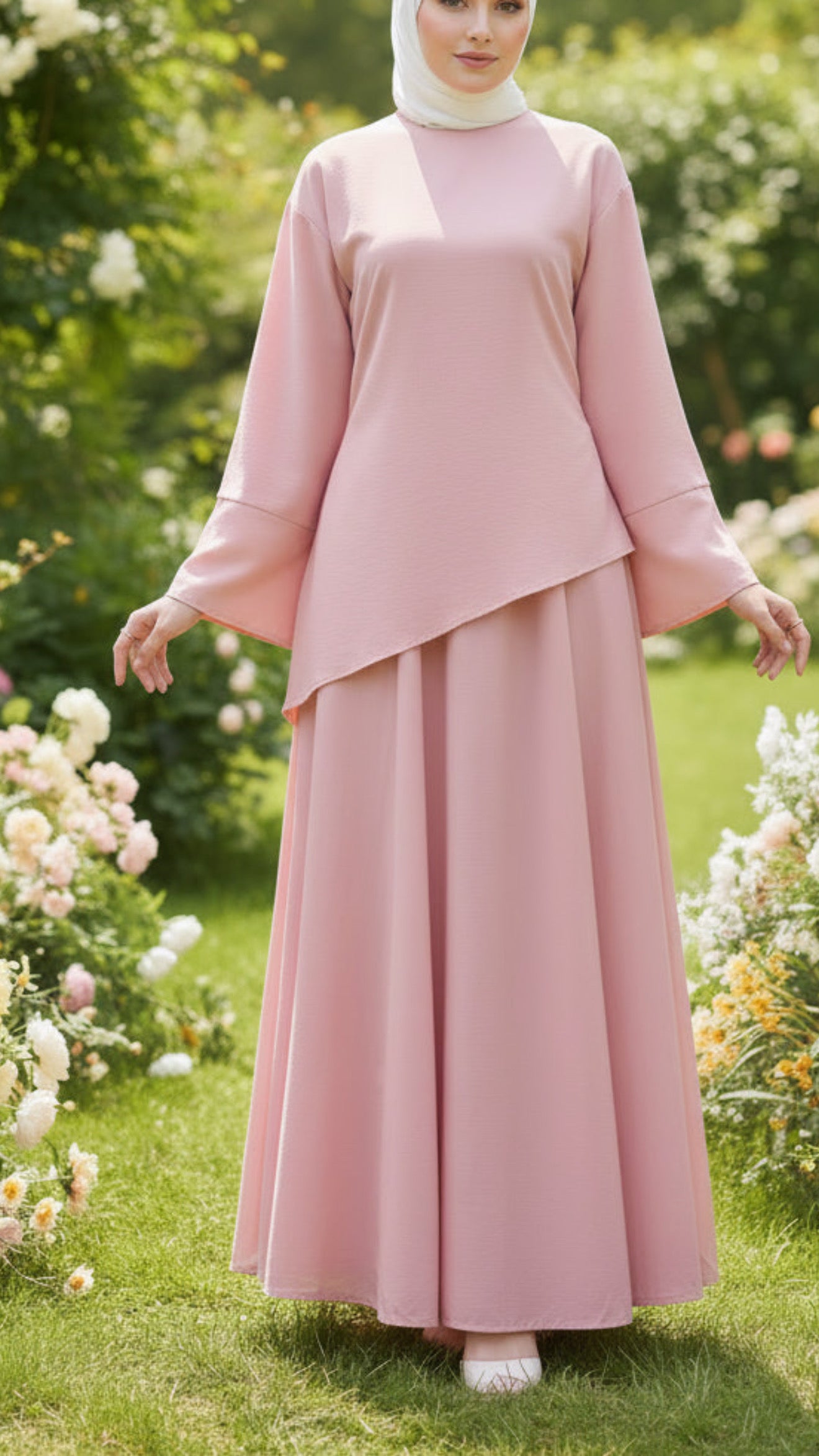 Asymmetrical Wide Sleeved Pink Skirt Set