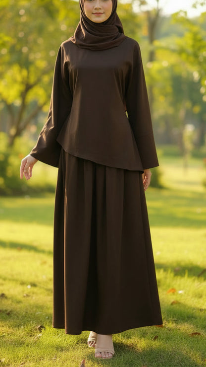 Asymmetrical Wide Sleeved Brown Skirt Set