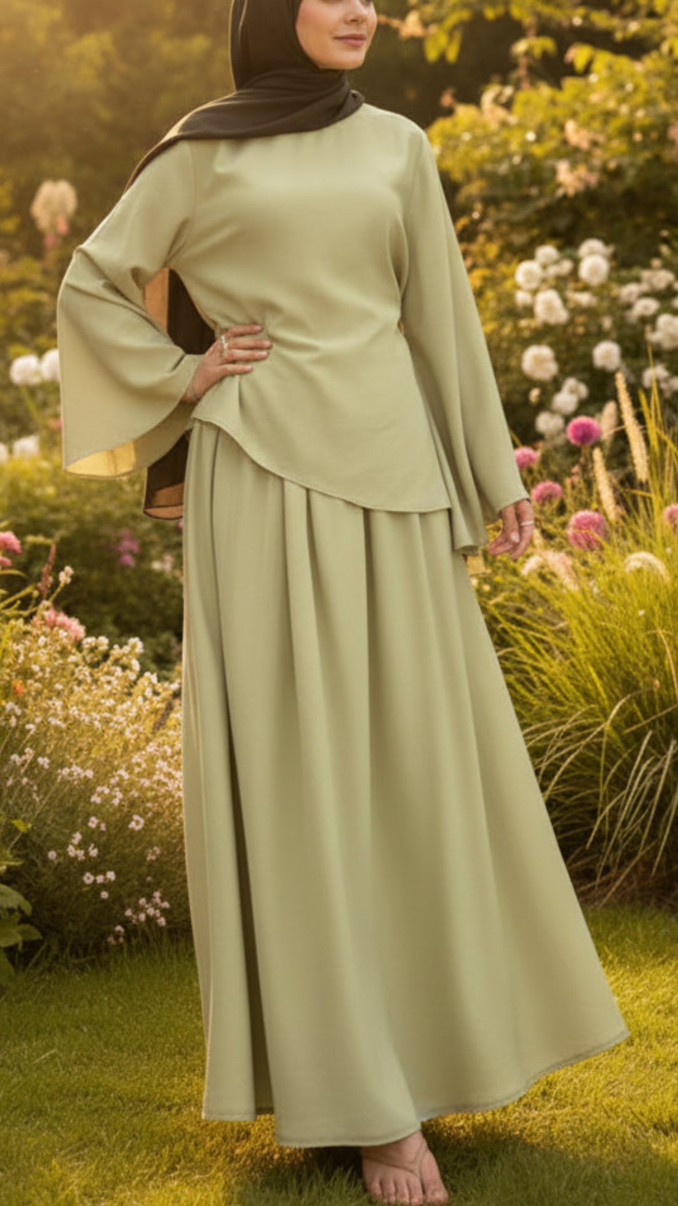 Asymmetrical Wide Sleeved Lime Skirt Set