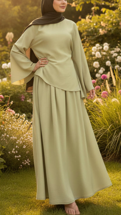 Asymmetrical Wide Sleeved Lime Skirt Set