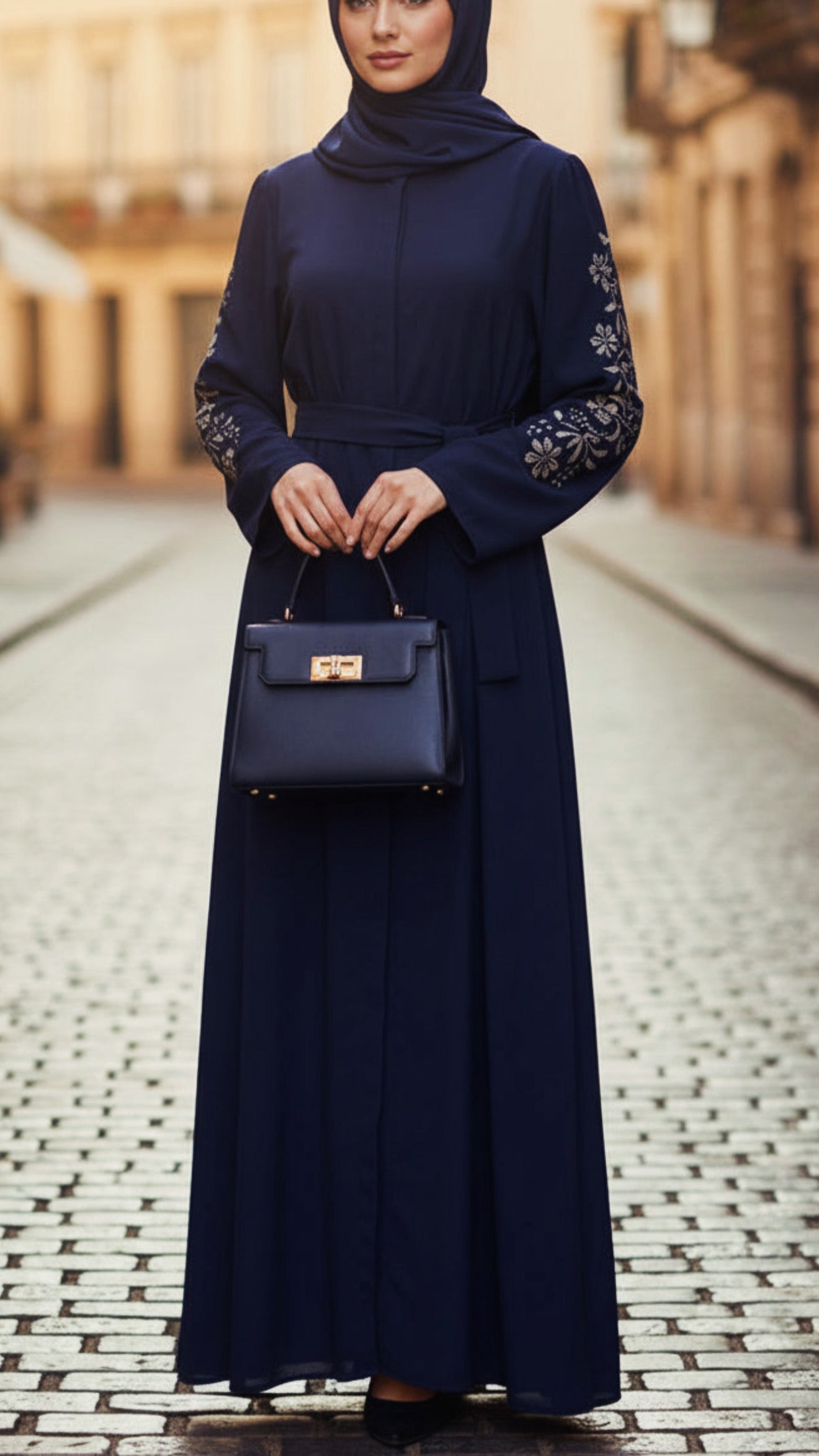 Navy Floral Embellished Sleeved Button Down Abaya