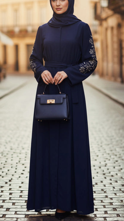 Navy Floral Embellished Sleeved Button Down Abaya