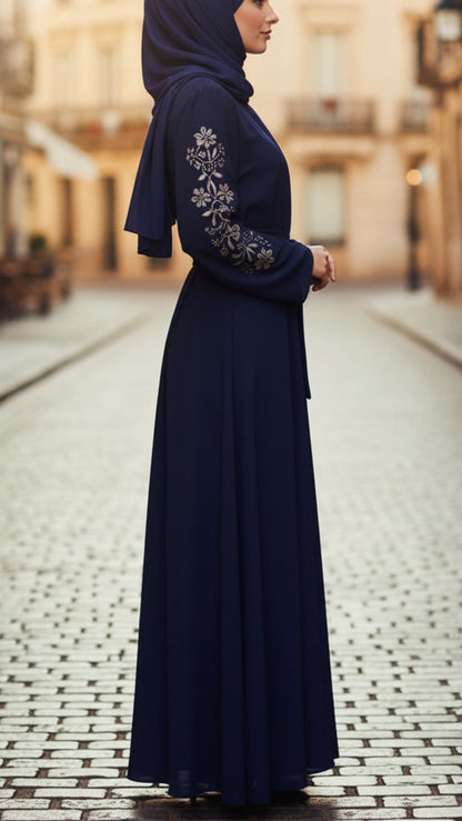 Navy Floral Embellished Sleeved Button Down Abaya