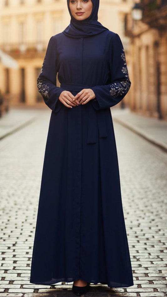 Navy Floral Embellished Sleeved Button Down Abaya