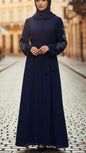 Navy Floral Embellished Sleeved Button Down Abaya
