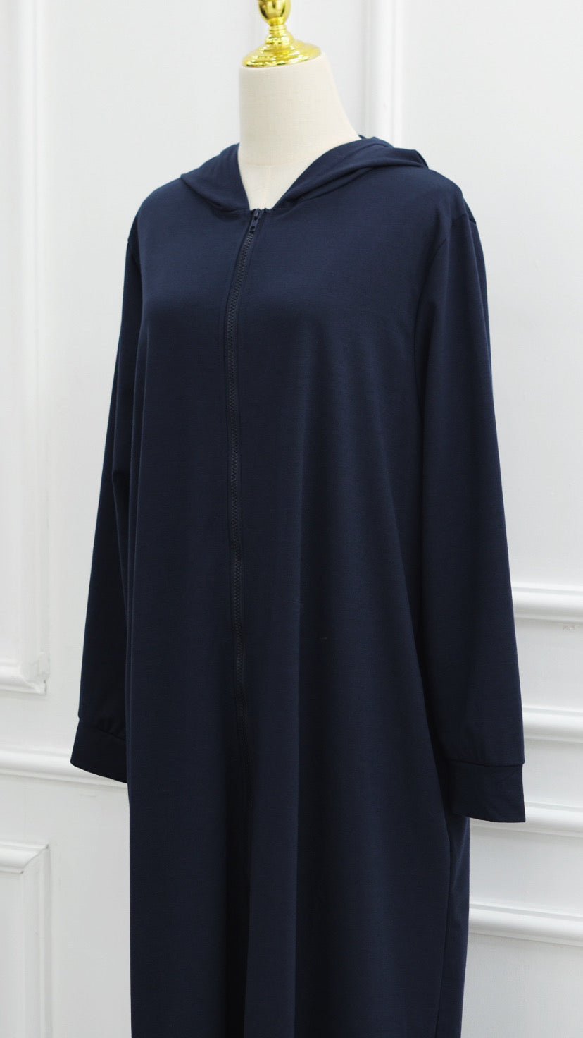 Navy Turkish Style Zipper Hoodie Abaya Dress