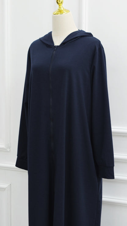 Navy Turkish Style Zipper Hoodie Abaya Dress