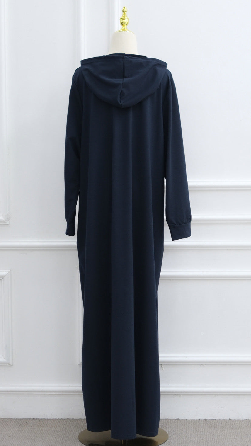 Navy Turkish Style Zipper Hoodie Abaya Dress