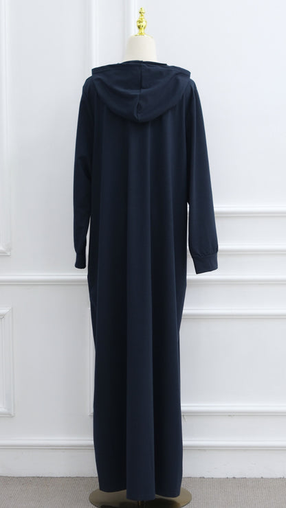 Navy Turkish Style Zipper Hoodie Abaya Dress