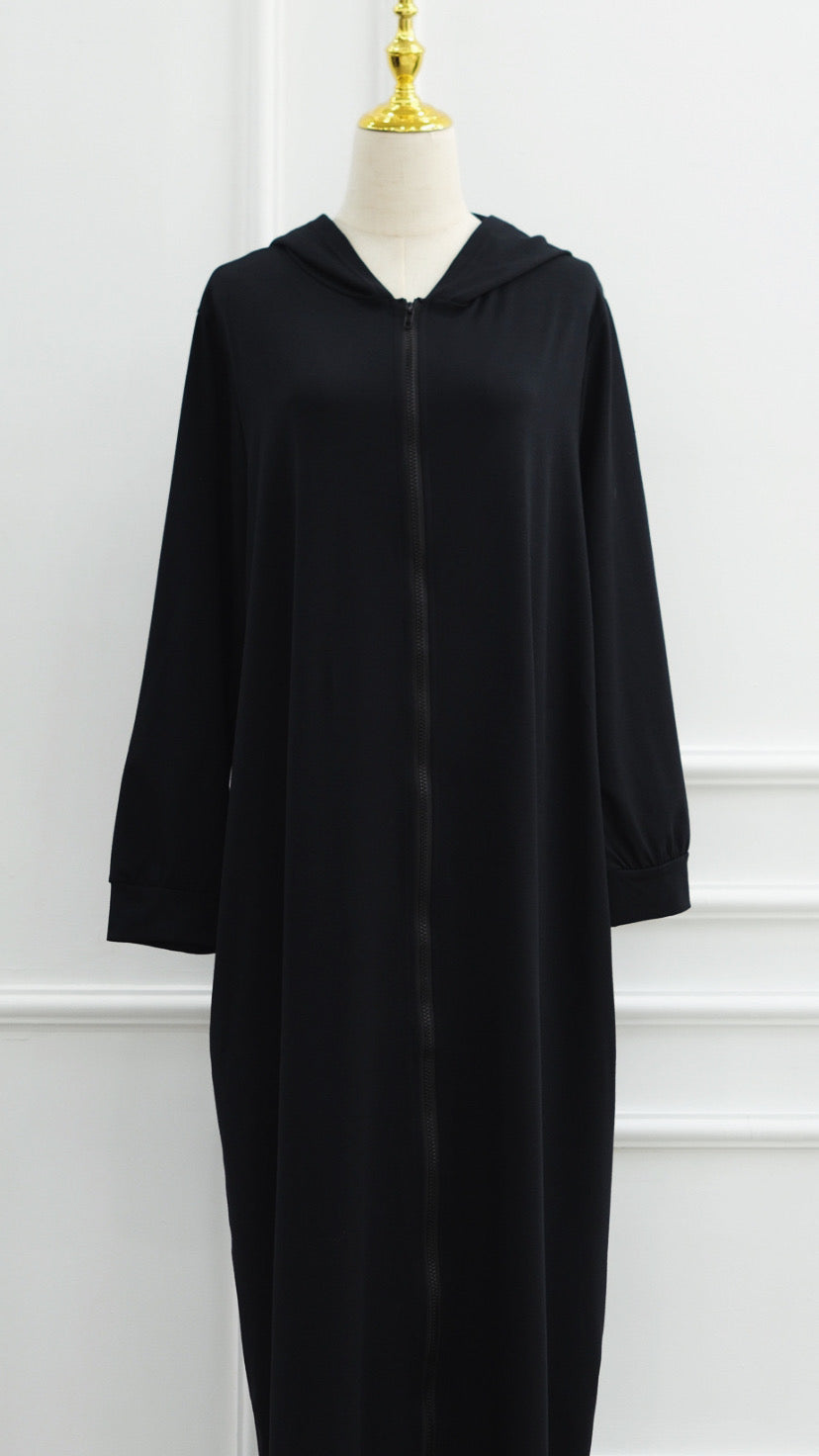Black Turkish Style Zipper Hoodie Abaya Dress