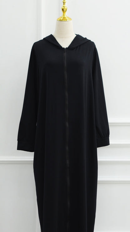 Black Turkish Style Zipper Hoodie Abaya Dress