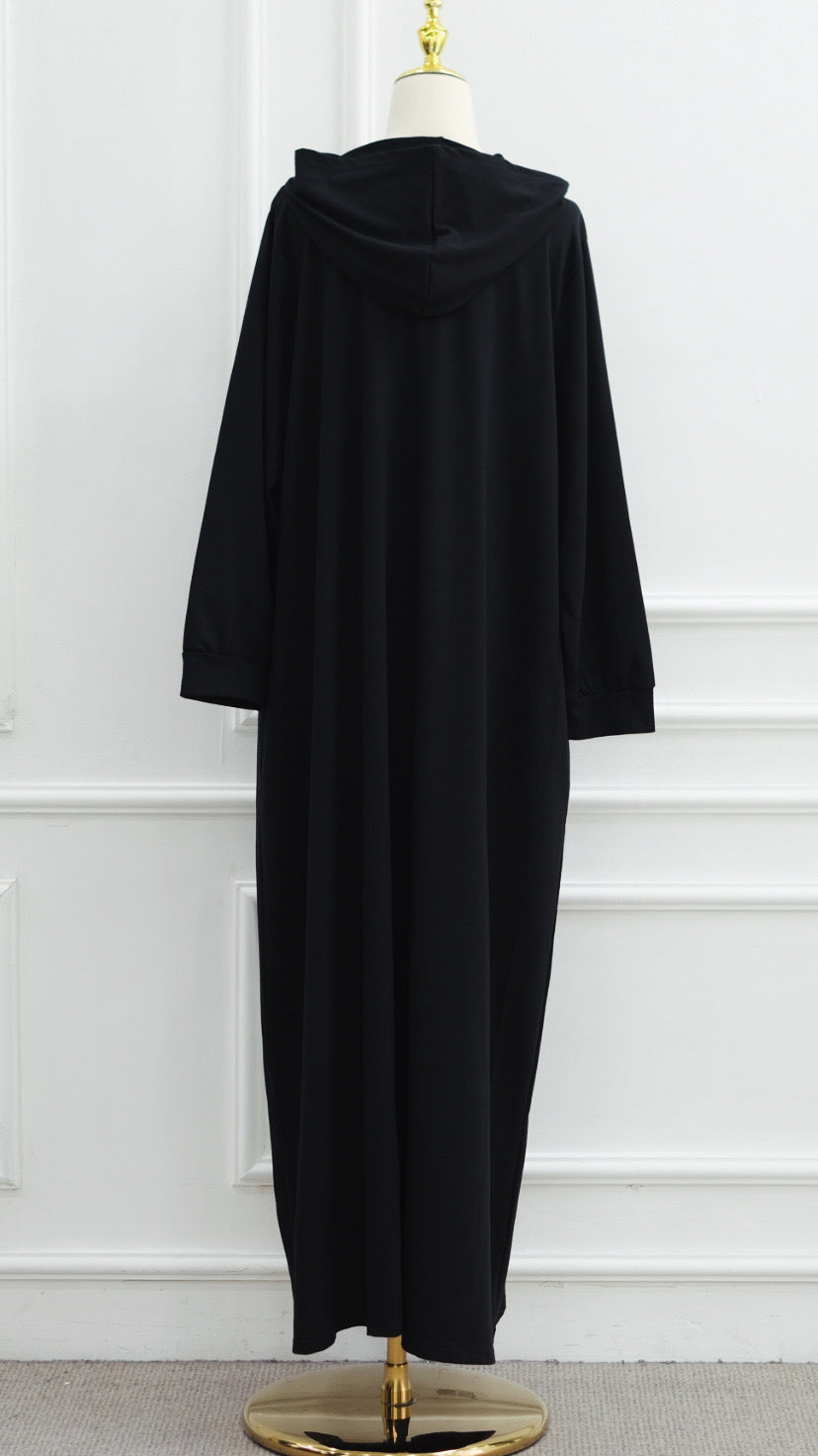 Black Turkish Style Zipper Hoodie Abaya Dress