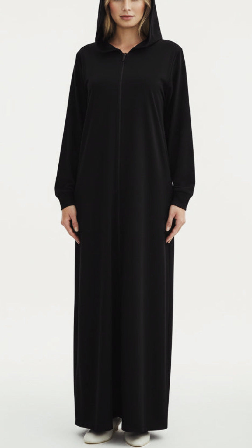 Black Turkish Style Zipper Hoodie Abaya Dress