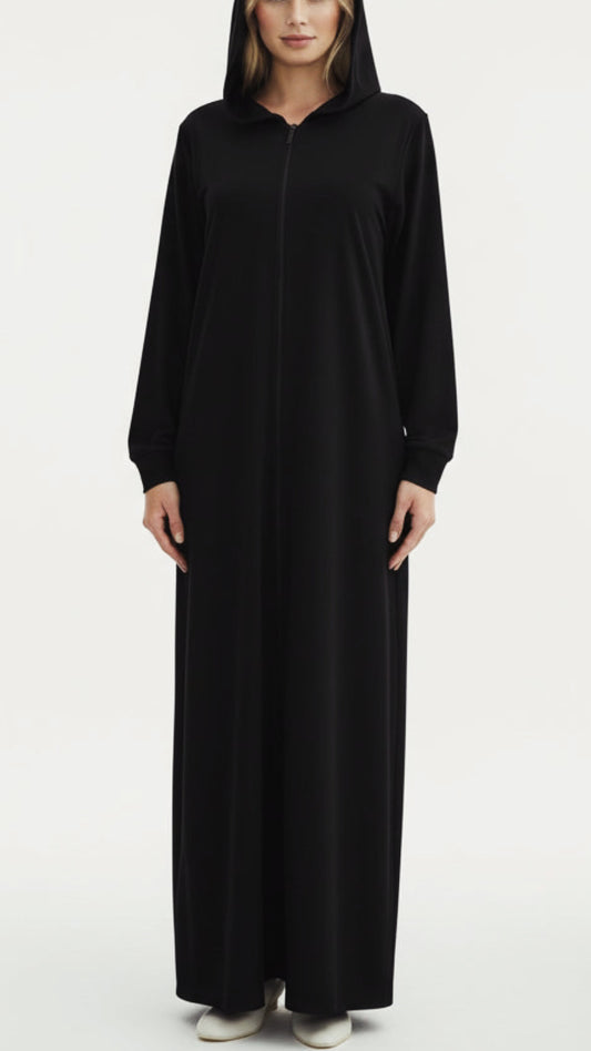 Black Turkish Style Zipper Hoodie Abaya Dress