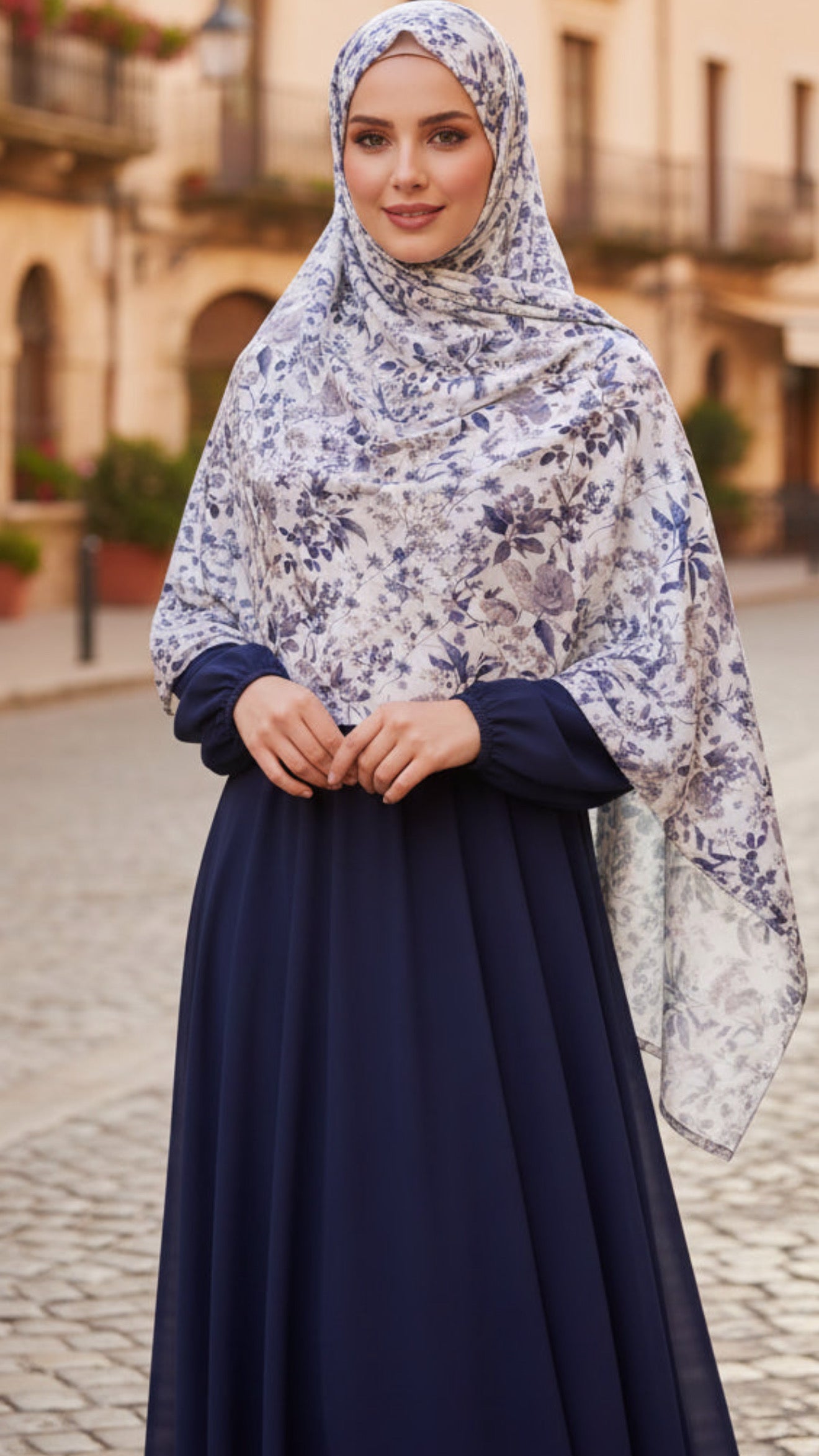 Ivory Blue Floral Bloom Jersey Cotton Print Hijab