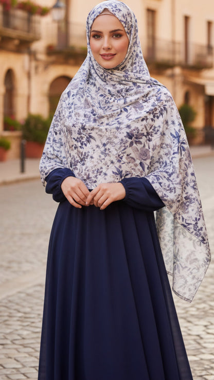 Ivory Blue Floral Bloom Jersey Cotton Print Hijab