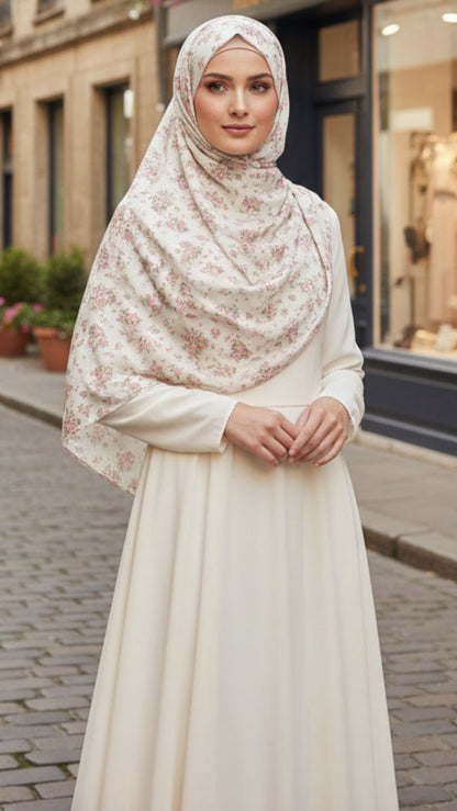 Ivory Pink Floral Jersey Cotton Print Hijab