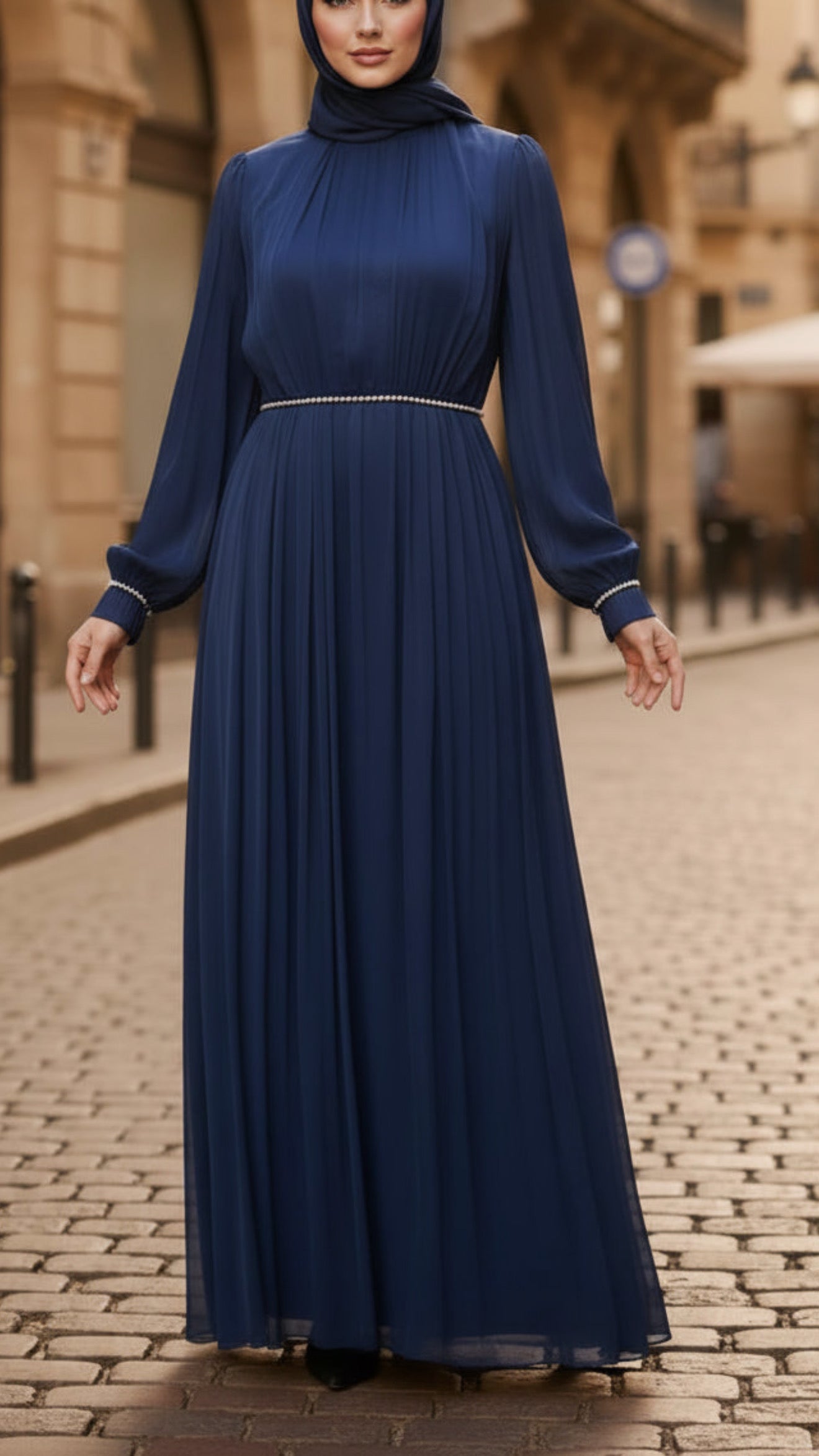 Elegant Silk Chiffon Gown Pearl Detail