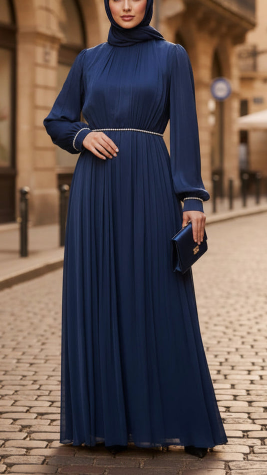 Elegant Silk Chiffon Gown Pearl Detail