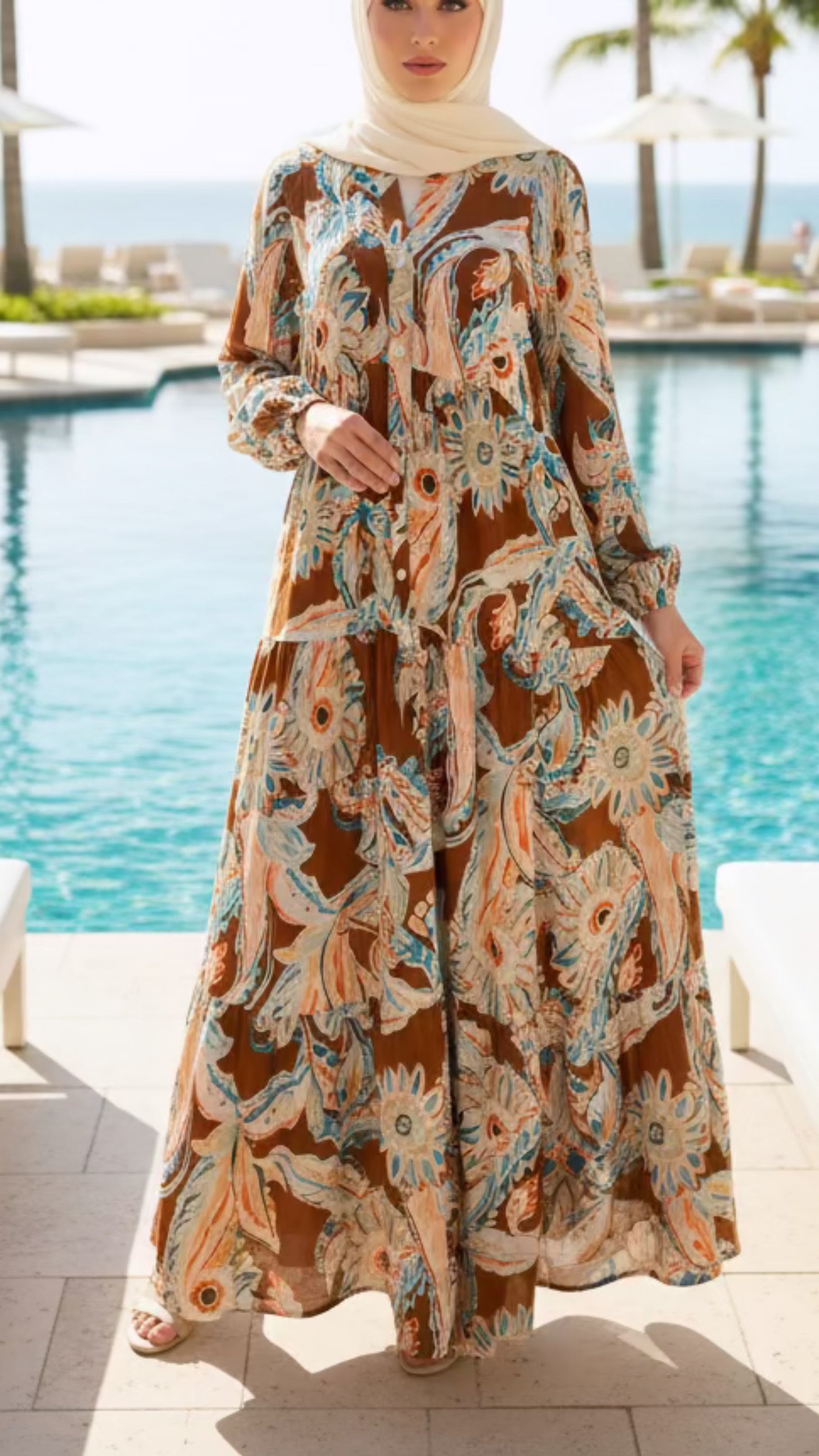 Summer Burnt Orange Floral Mid Button Down Dress