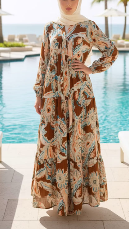 Summer Burnt Orange Floral Mid Button Down Dress