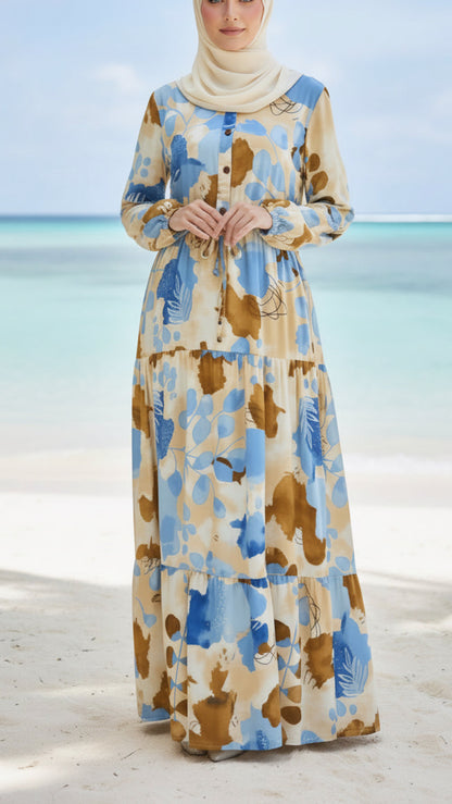Summer Blue & Brown Floral Mid Button Down Dress