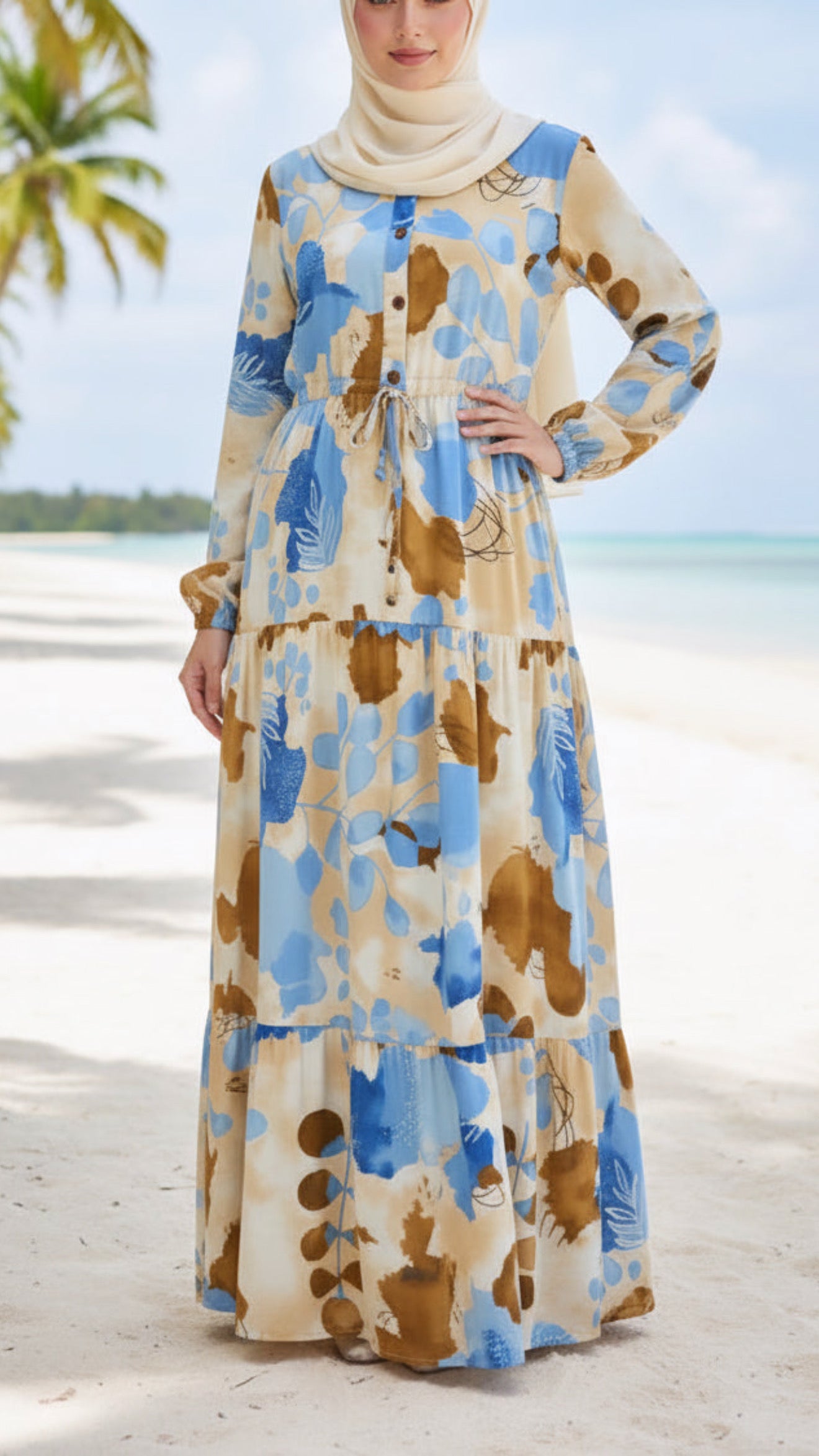 Summer Blue & Brown Floral Mid Button Down Dress