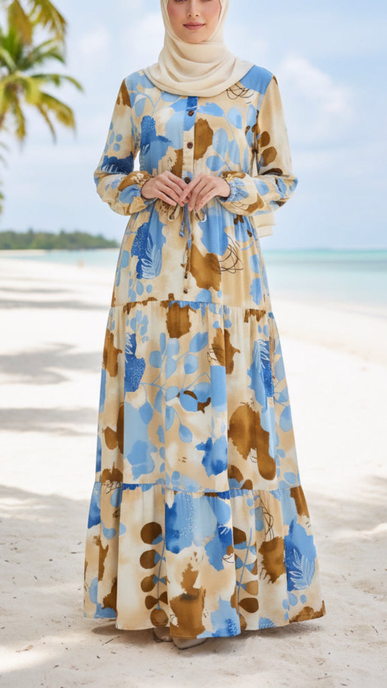 Summer Blue & Brown Floral Mid Button Down Dress