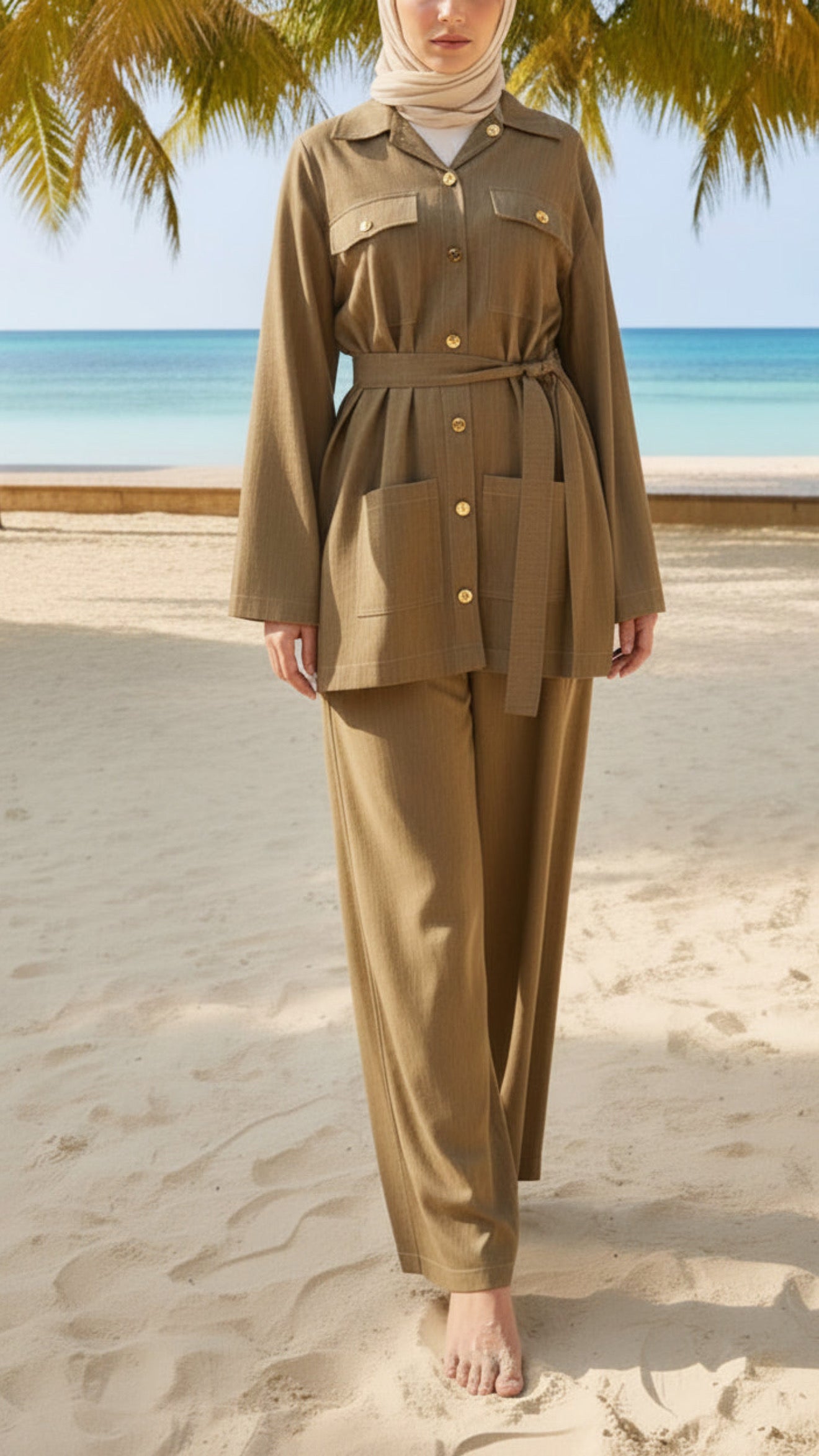 Summer Brown Button-Down Multi Pocket Pant Suit with Belt